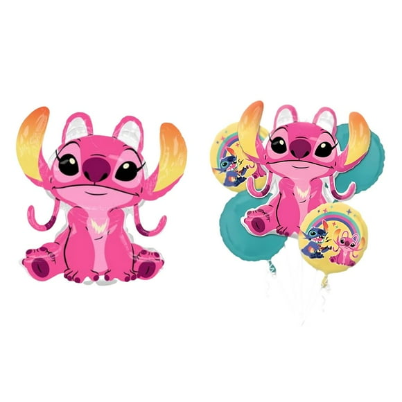 Lilo & Stitch Angel Foil Balloon Party Set – 27″ Giant Character Balloon + 5‑Piece Bouquet with Stitch, Angel, and Turquoise Balloons for Kids’ Birthdays