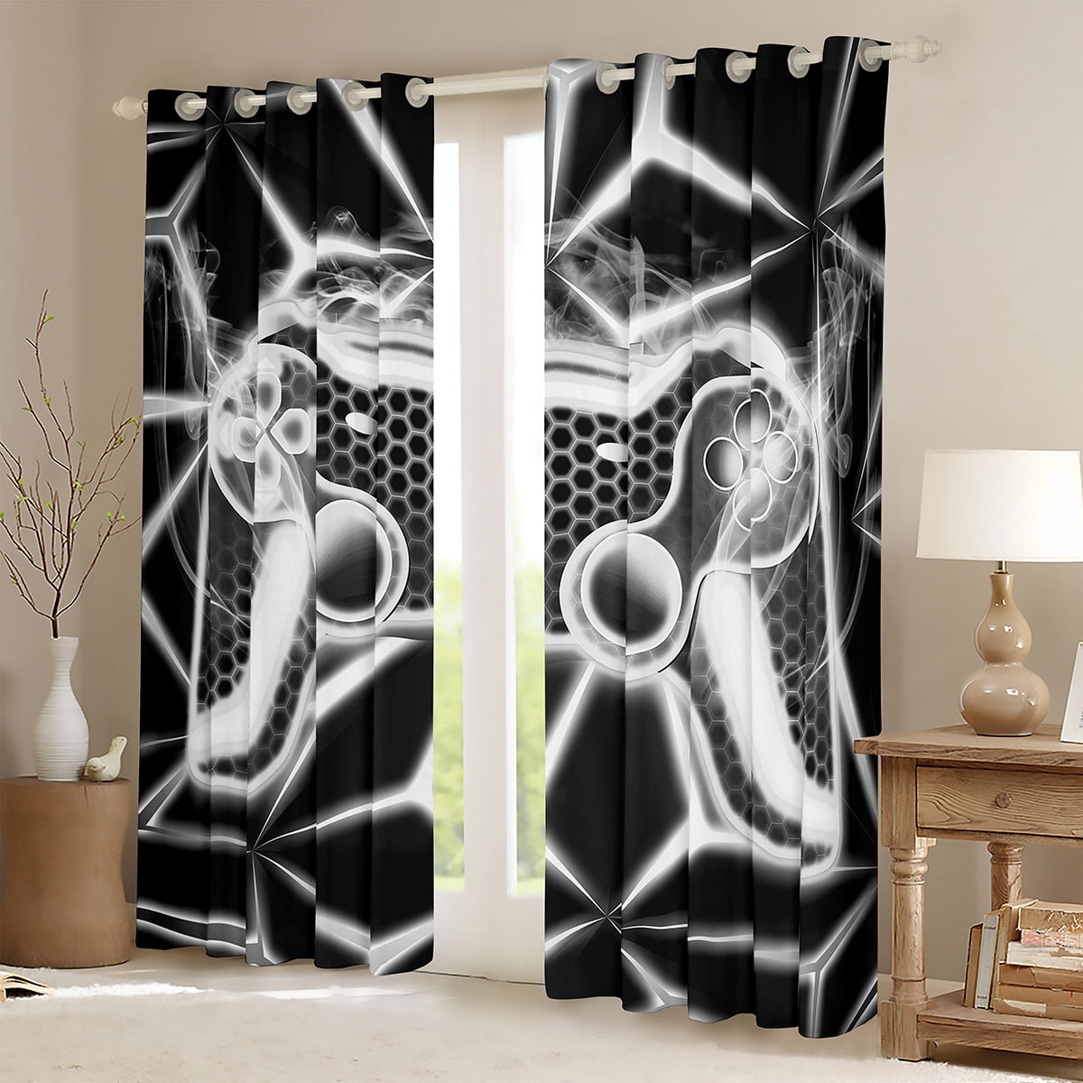 Erosebridal Video Game Curtains and Drapes (38Wx54L),Grey Neon 30%-50% Blackout Curtains for Bedroom,Geometric Honeycomb Curtains Pack of 2 (38Wx54L),Gamepads Bedroom Decorative