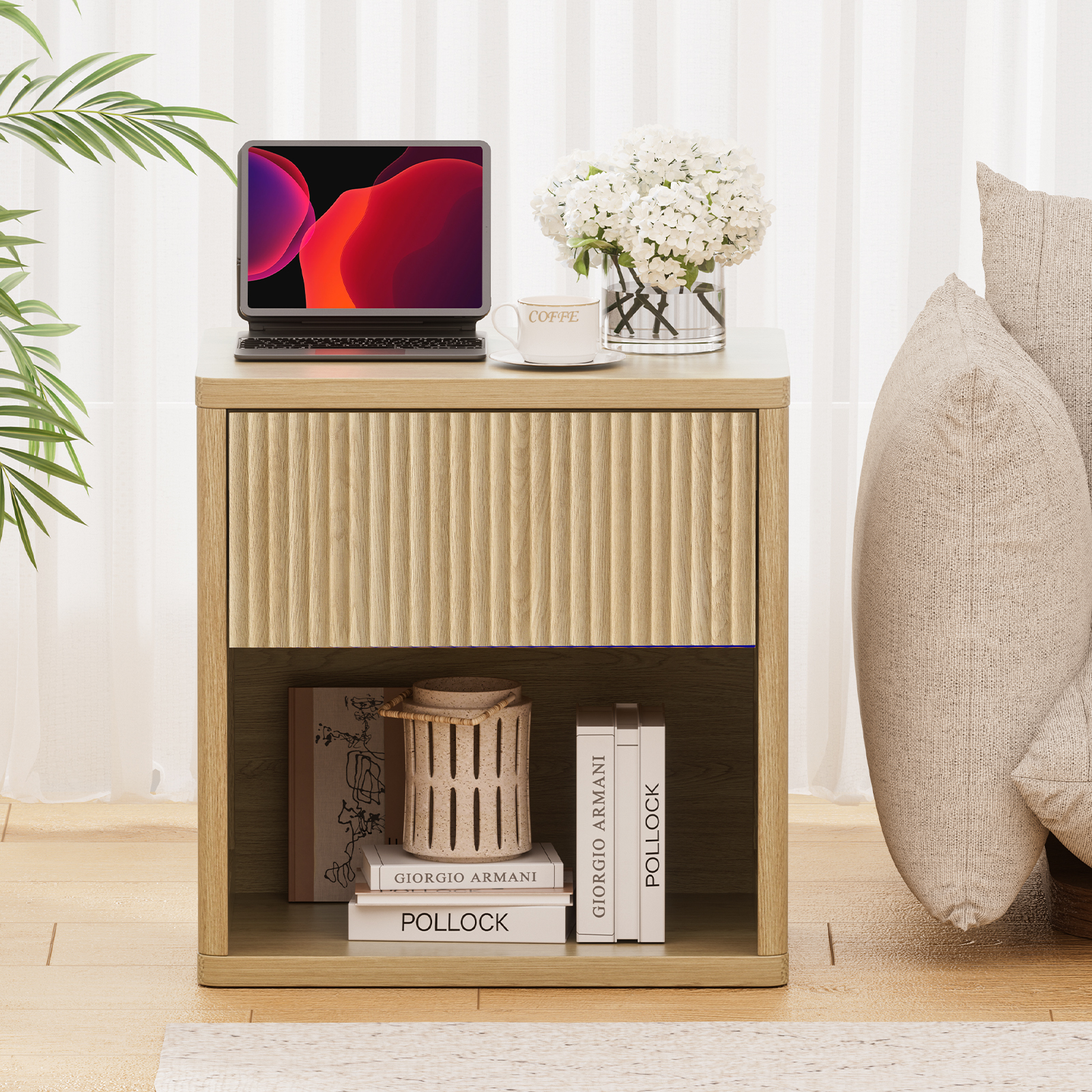 Brafabhome Fluted Nightstands with Drawers for Bedroom, Modern Curved Profile Bedside Table with Open Shelves, Accent End Table with Hidden Drawer for Living Room, Set of 2 | Nature