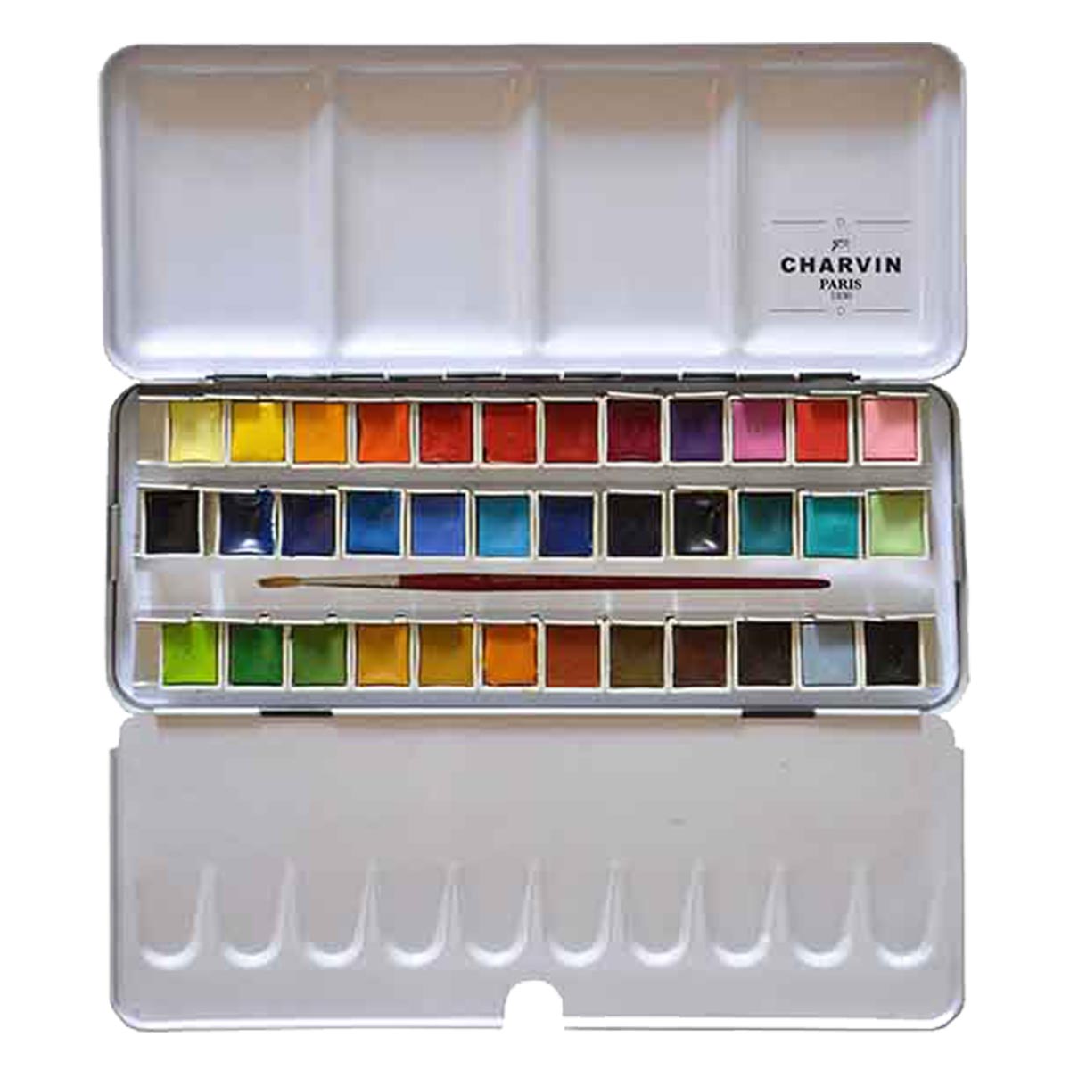 Charvin Extra-Fine Professional Watercolor Paint Set -  Watercolor Half Pan Set of 36, Made in France, Smooth Shellac-Like Finish, Transparent Pigments, Ideal for Layering & Mixed Media