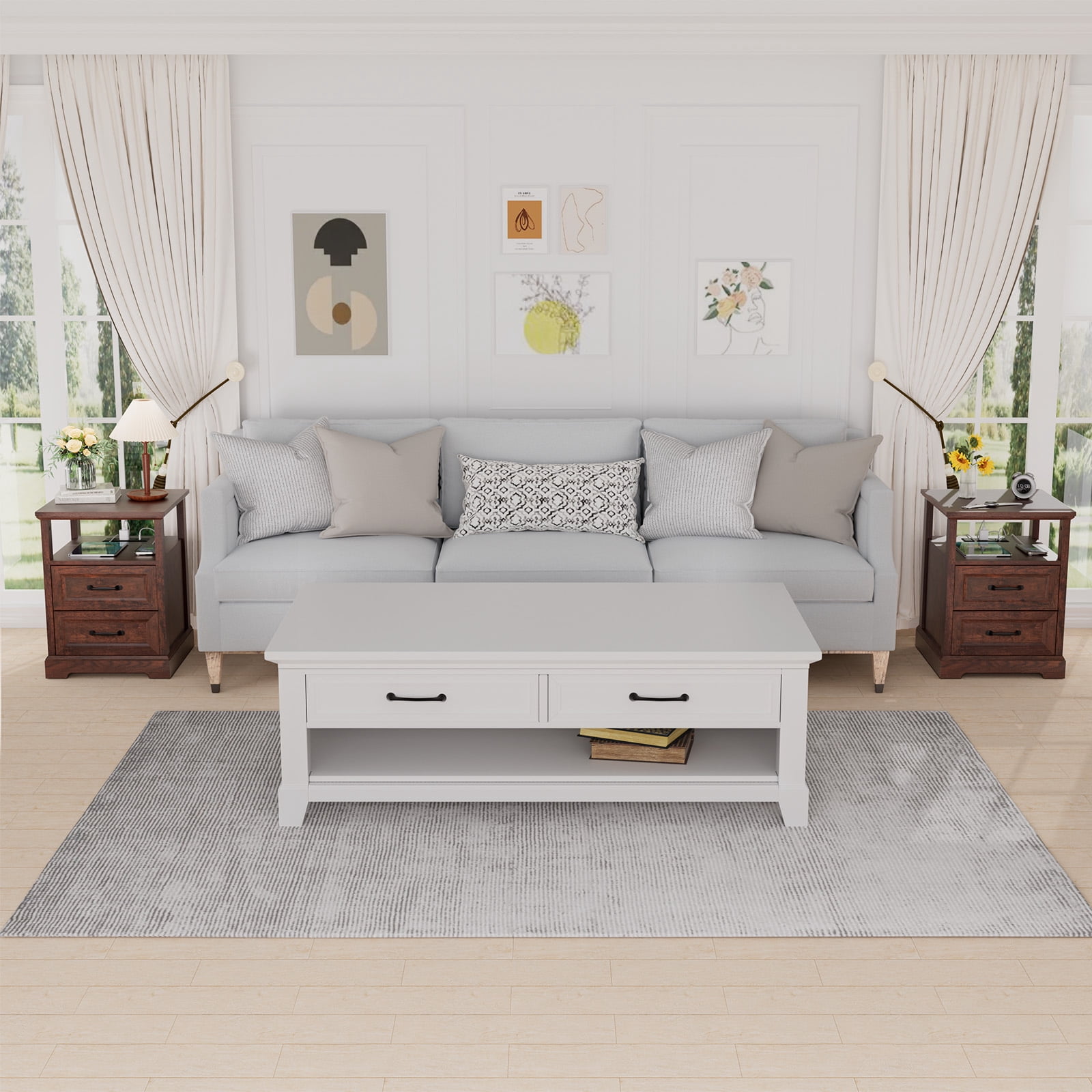 Hommpa Farmhouse End Tables for Living Room, Nightstand with Charging Station, Rustic Sofa Side Table with 2 Drawers and Storage Shelf, Bedside Cabinet for Bedroom, Brown