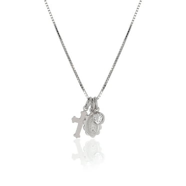 Brilliance Fine Jewelry Sterling Silver Floating CZ, Guadalupe and Cross Charms Necklace, Box Chain 16" 2"