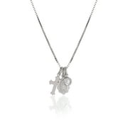 Brilliance Fine Jewelry Sterling Silver Floating CZ, Guadalupe and Cross Charms Necklace, Box Chain 16"+2"