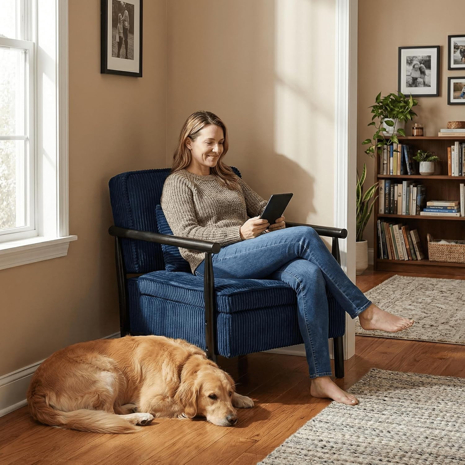 MOONMISS Accent Chair with Hidden Storage, Armchair with Solid Wood Frame, Corduroy Fabric Accent Chair for Living Room,Blue