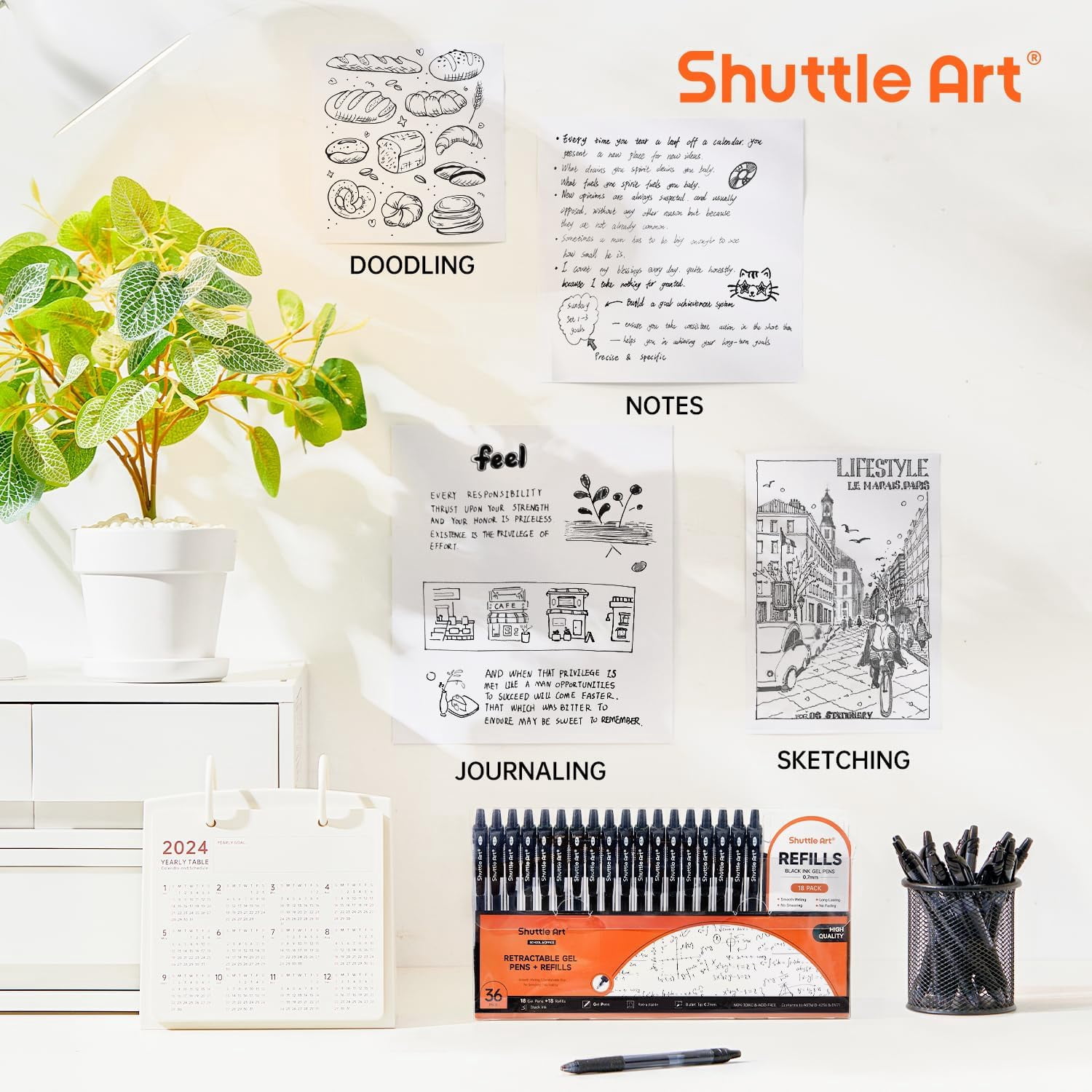 (2 pack) Shuttle Art Black Gel Pens, 36 Pack(18 Gel Pens with 18 Refills) Retractable Medium Point Rollerball Gel Ink Pens Smooth Writing with Comfortable Grip