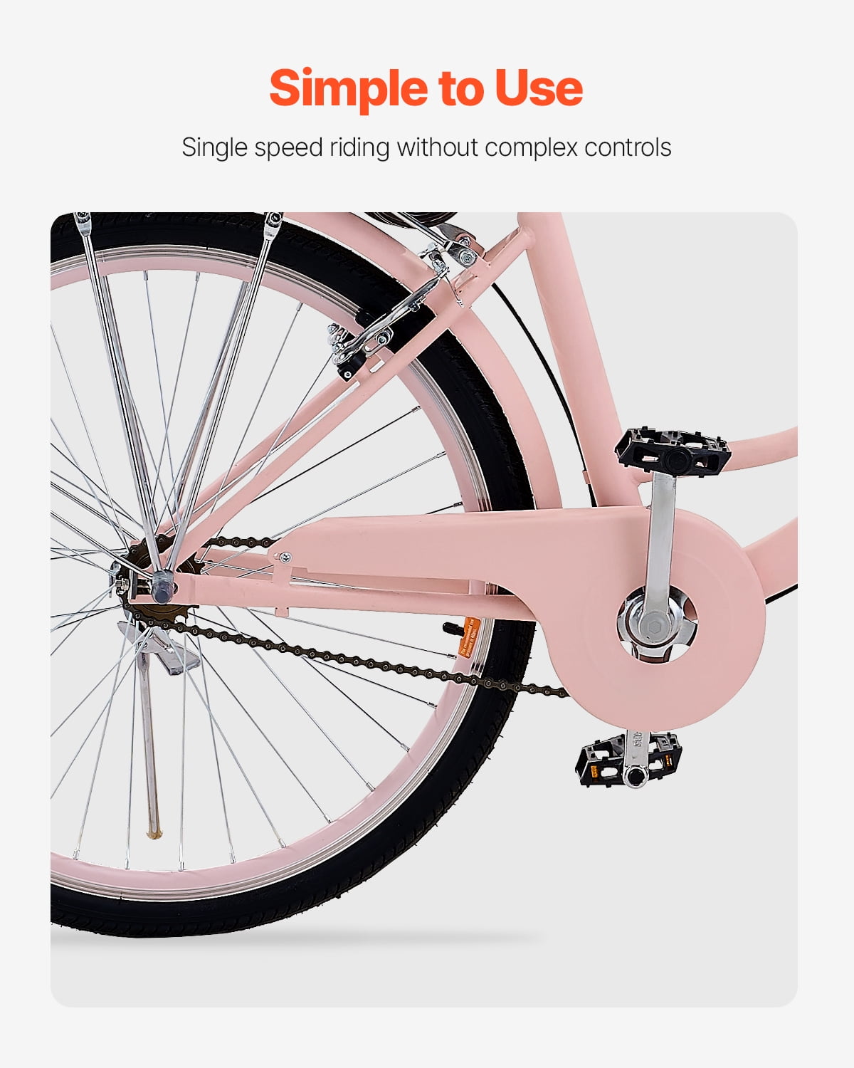 VEVOR Cruiser Bike, 1-Speed, 26-Inch Pink Beach Cruiser Bike with Large Capacity Basket and Rear Rack, Secure & Sturdy Cruiser Bike with Adjustable Seat, Fits for Cycling, Exercise & Shopping