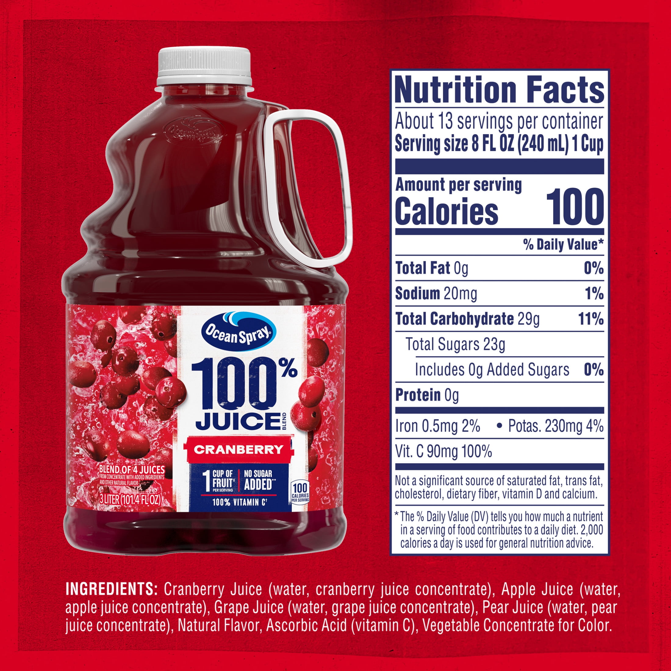 (6 pack) Ocean Spray® 100% Juice Cranberry Juice Blend, 101.4 fl oz Bottle