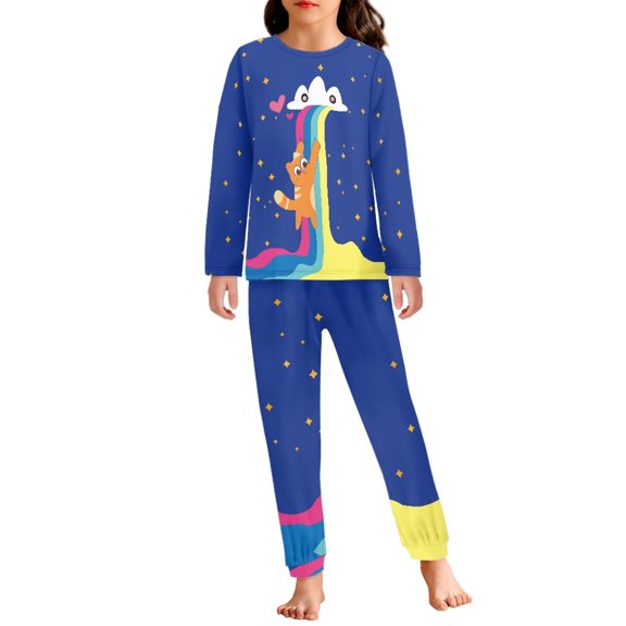 DISNIMO Blue Cat Rainbow Pajamas Kids Size 4 Pajamas Girls 2 Piece Pajamas Set for Girls Pj Sets for Kids Boys Pjs for Kids Sleepwear Set Kids Pjs Boys Long Sleeve Night Wear for Kids