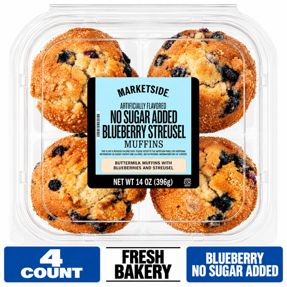 Marketside No Sugar Added Moist Blueberry Streusel Baked Muffins, 14 oz, 4 Count