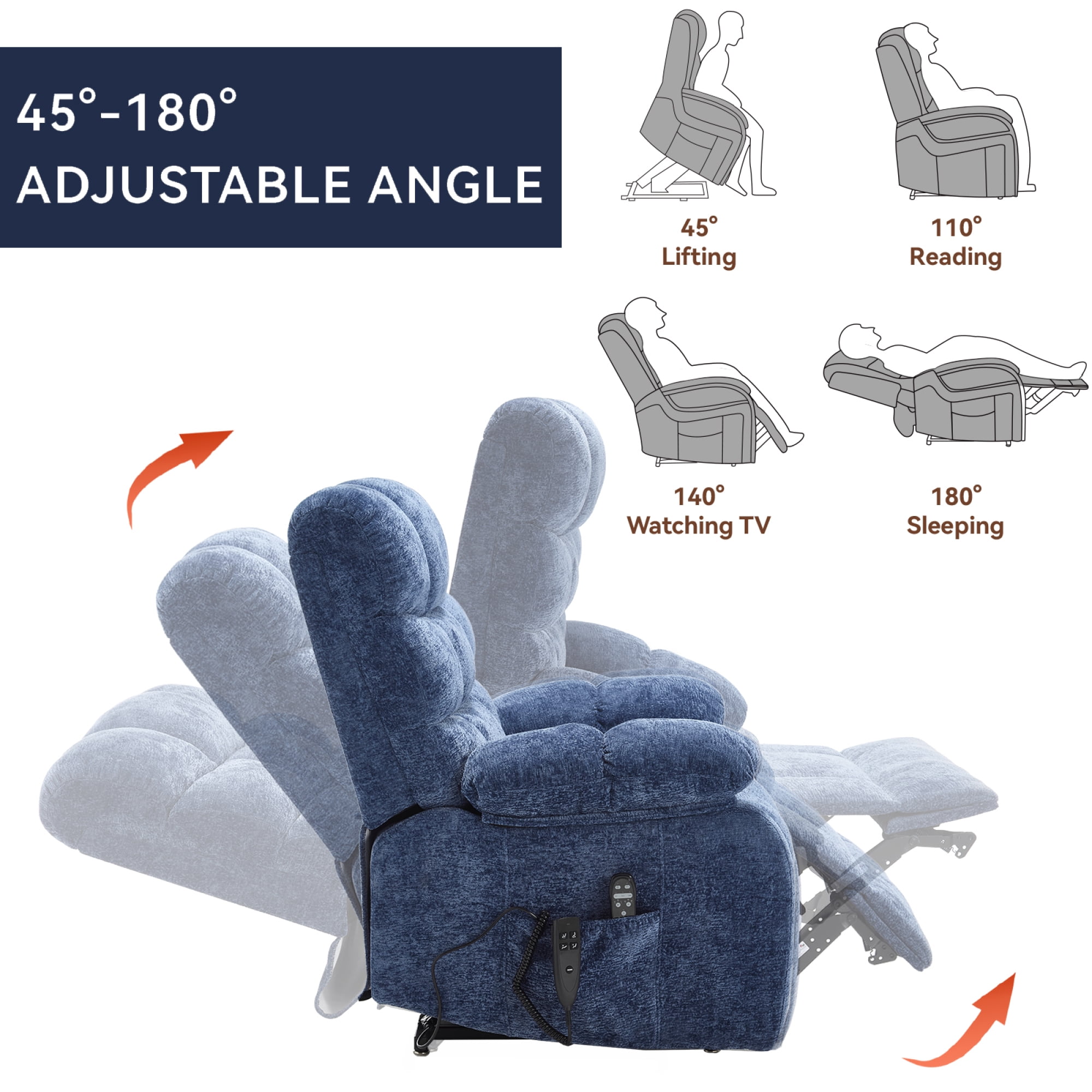 Leumius Large Power Lift Recliner Chair for Elderly,Heavy Duty Chenille Recliners with Massage and Heating for Living Room,Navy Blue
