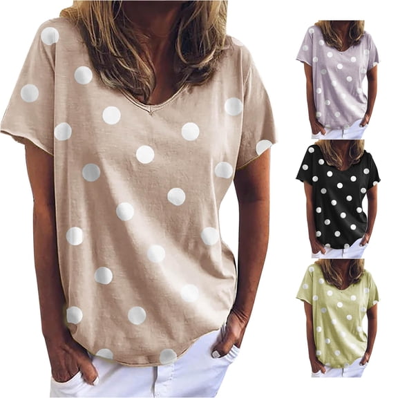 Trendfront Womens Polka Dot T Shirts V Neck Short Sleeve Casual Loose Fit Summer Tunic Tee Tops for Women
