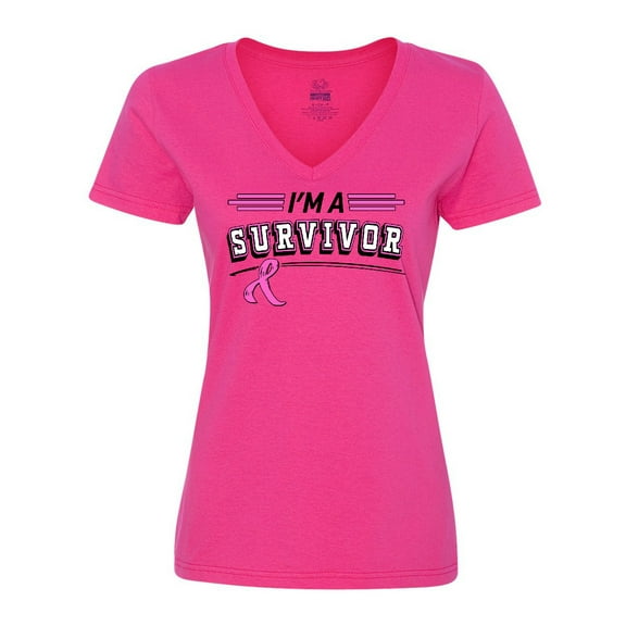 Inktastic I'm a Survivor Breast Cancer Awareness with Ribbon Women's V-Neck T-Shirt
