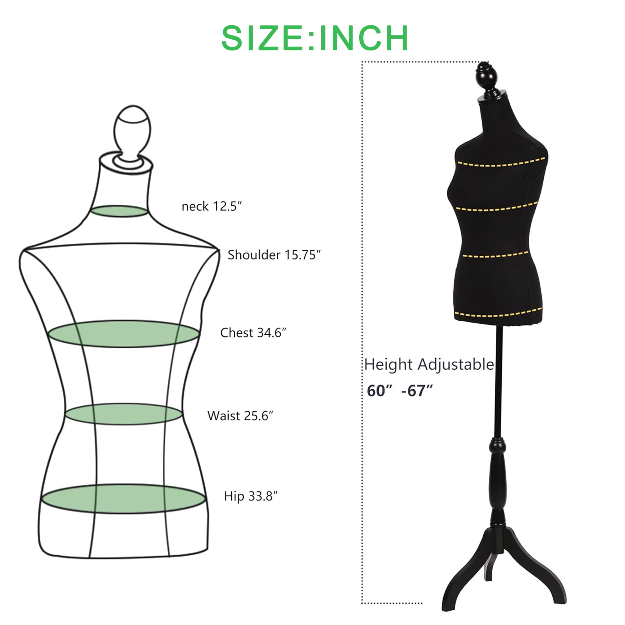 Female Mannequin Dress Form Manikin Body Torso with Wooden Tripod Base Stand Adjustable Height Pinnable Feature for Sewing Dress Jewelry Display, Black