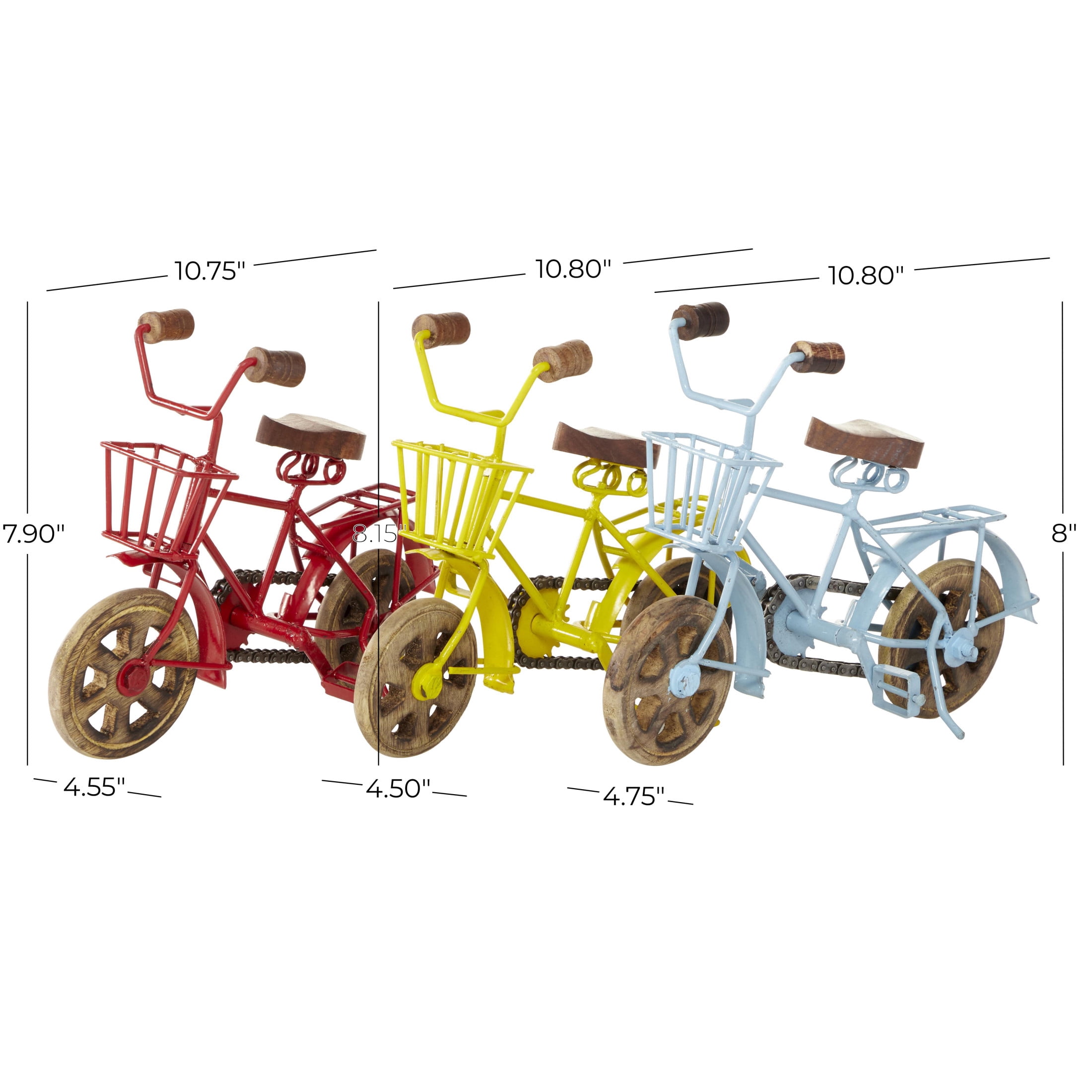 11"W, 8"H Multi Colored Metal Bike Sculpture with Wood Wheels, by DecMode (3 Count)