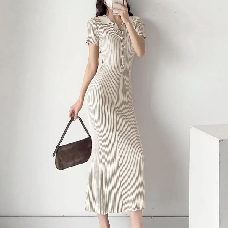 Ovbmpzd Spring Dresses for Women Maxi Knit Bodycon Beige Dress Short Sleeve Dresses Womens Holiday Dresses 0, Women's, Size: Free Size