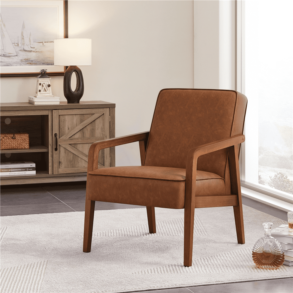 Renwick 2pcs Mid-Century Modern Upholstered Faux Leather Armchair, Light Brown