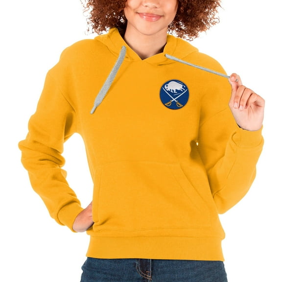 Women's Antigua Gold Buffalo Sabres Primary Logo Victory Pullover Hoodie