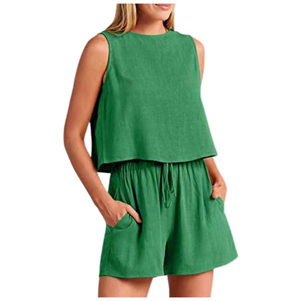 Conjunto de dos piezas de pantalones cortos holgados de cintura alta sin mangas en color liso para mujer, ideal para la primavera y el verano: elegante, transpirable y fácil de combinar.
