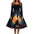 thumbnail image 4 of Halloween Dresses for Women Bat 1950s Square Neckline Spooky Dresses Spider Cocktail Long Sleeve Vintage Swing Dress with Belt 2XL, 4 of 5