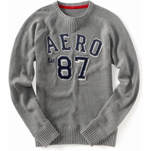 Aeropostale Mens Pull Over Aero 87 Ted Knit Sweater, Gris, Pequeño