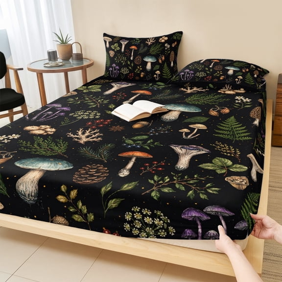 King Size Fitted Sheet Set - Mushroom Leaves 3 Piece Bedding Sets 16" Deep Pocket Fitted Sheet with 2 Pillowcases, Black Country Botanical Berry Flowers Brushed Microfiber Hotel Luxury Bed Sheets
