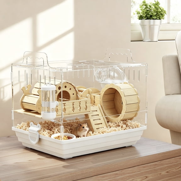 Qunbio Hamster Cage, Gerbil House Habitat Kit, Hamster Cottage with Fedding Bottle Wooden Running Wheel Bridge Cottage