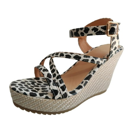 

Jungdeepe Ladies Simple Slope Heel One Buckle Strap Fish Mouth Straw Bottom Leather High Heel Large Size Slope Sandals