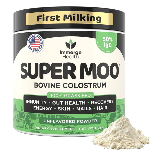 Suplemento de calostro bovino alimentado con pasto Super Moo de ImmergeHealth