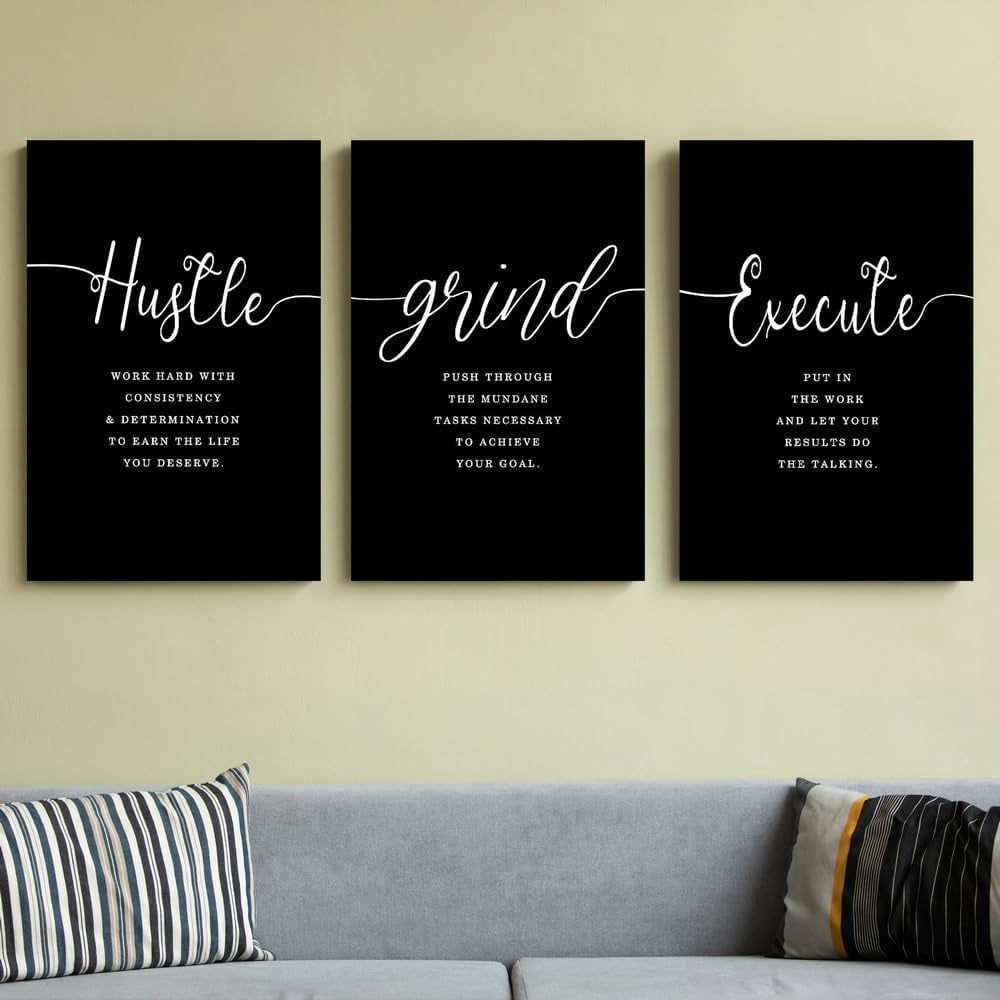 Canvas Painting Wall Art, Grind Hustle Execution Motivational Wall Art Decoration Posters Prints for Living Room Bedroom Office Decor Gallery Wrapped Canvas Art Set Framed Ready to Hang 12"X16"