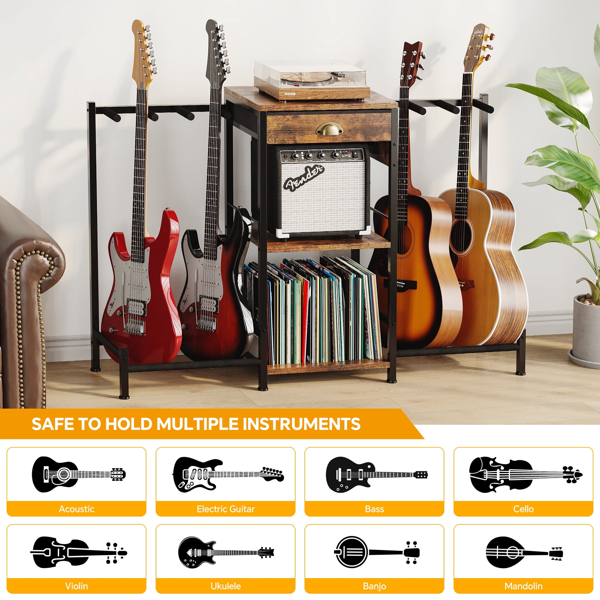 Homeiju 6-Guitar Floor Stand with Charging Station & 3-Tier Storage, Guitar Rack with Amp Stand & Cloth Drawer, Rubber Protected Guitar Holder for Studio/Home , Heavy Duty Metal Frame​