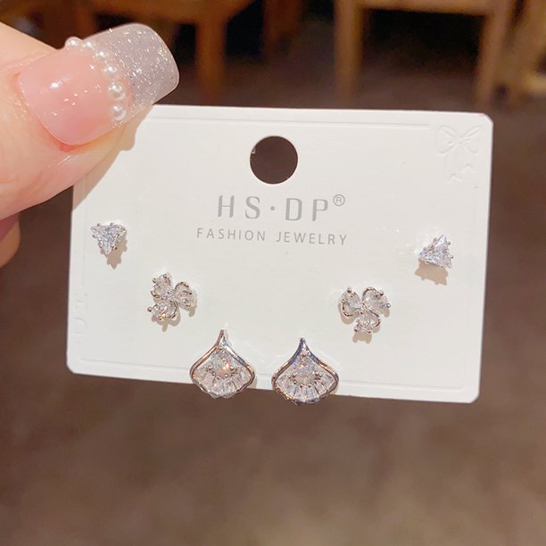 Pendientes cortos con microincrustaciones de circonitas y aguja de plata S925, pendientes de pelo corto, pendientes elegantes japoneses y coreanos de tres piezas, sencillos y combinables para mujer