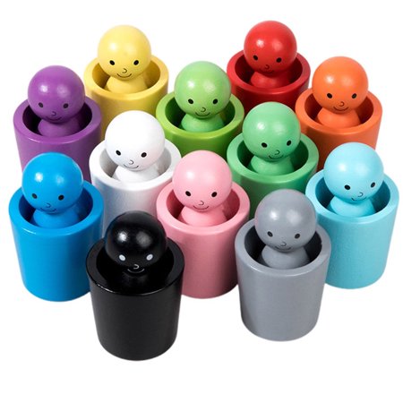 Large Peg Dolls in Cups Toddler Montessori Toys for 3 Year Old + Kids Wooden Waldorf Dolls for Learning Color Sorting and Counting â 12 , Sorting and Stacking Toys