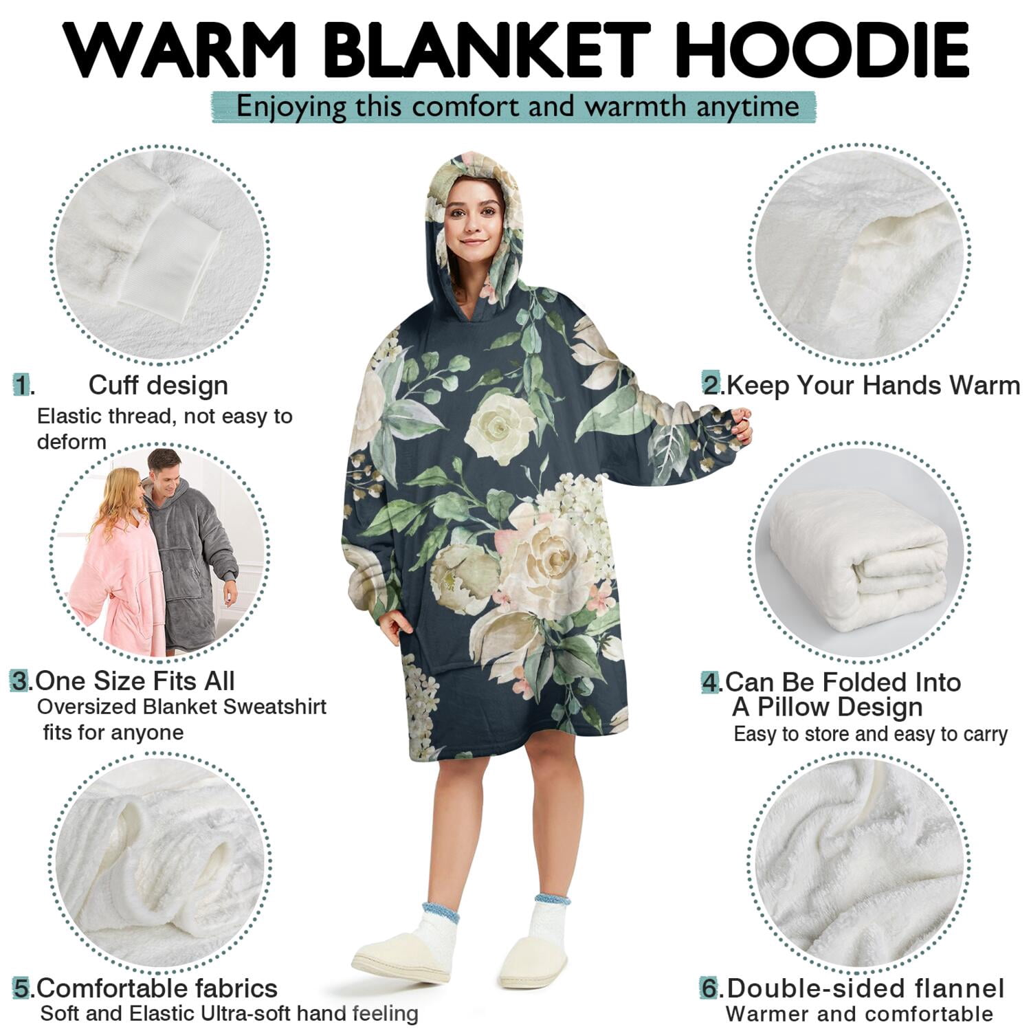Wearable Oversized Blanket,Pioneer Flower Floral Print Pattern Wearable Blanket Hoodie for Adults,Cozy Hooded Blankets with Super Pockets,Super Warm Fuzzy Pullover for Women & Men