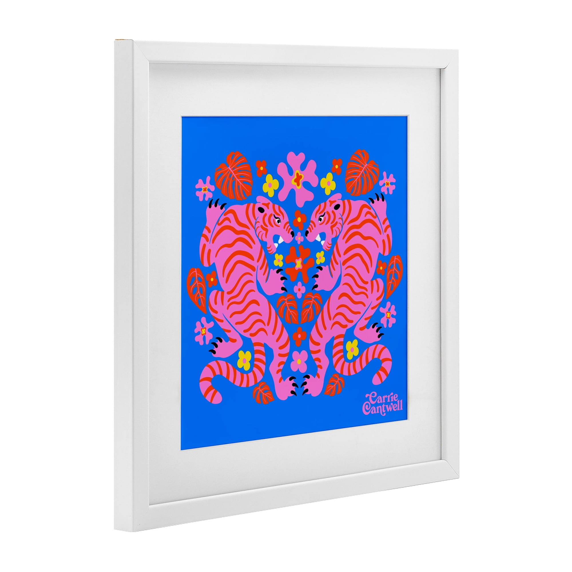 Stupell Industries Pink Tigers and Monstera White Framed Print Under Glass, design by Carrie Cantwell