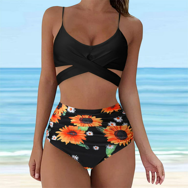 Cathalem Womens Swimsuits Bathing Suits for Juniors Shorts Retro Print Set  Piece Vintage Two Tow Piece High Ruched Skirt Suit Set for Women Black  XX-Large 