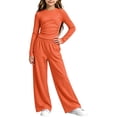 thumbnail image 5 of hotojiny Girls 2 Piece Outfit Long Sleeve Front Ruched Slim Fit Top Elastic Waist Wide Leg Pants Set Kids Fall Casual Clothes(Orange,7-8 Years), 5 of 6