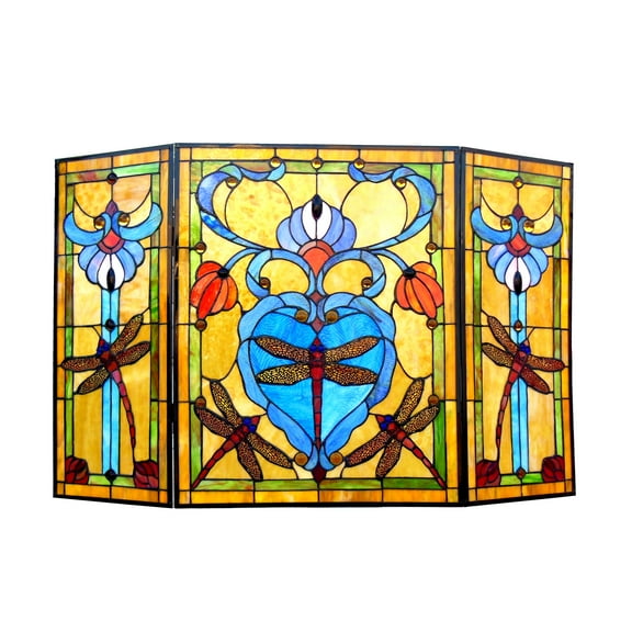 RADIANCE Goods Tiffany-Style 3pcs Folding Dragonfly Fireplace Screen 44" Wide