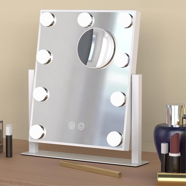 Vanity Mirror with Lights,Lighted Vanity Mirror with Dimmable 9 LED Bulb,3 Color Lighting Modes, Detachable 5X Magnification, 360°Ratation, 9.8" L x 11.8" W
