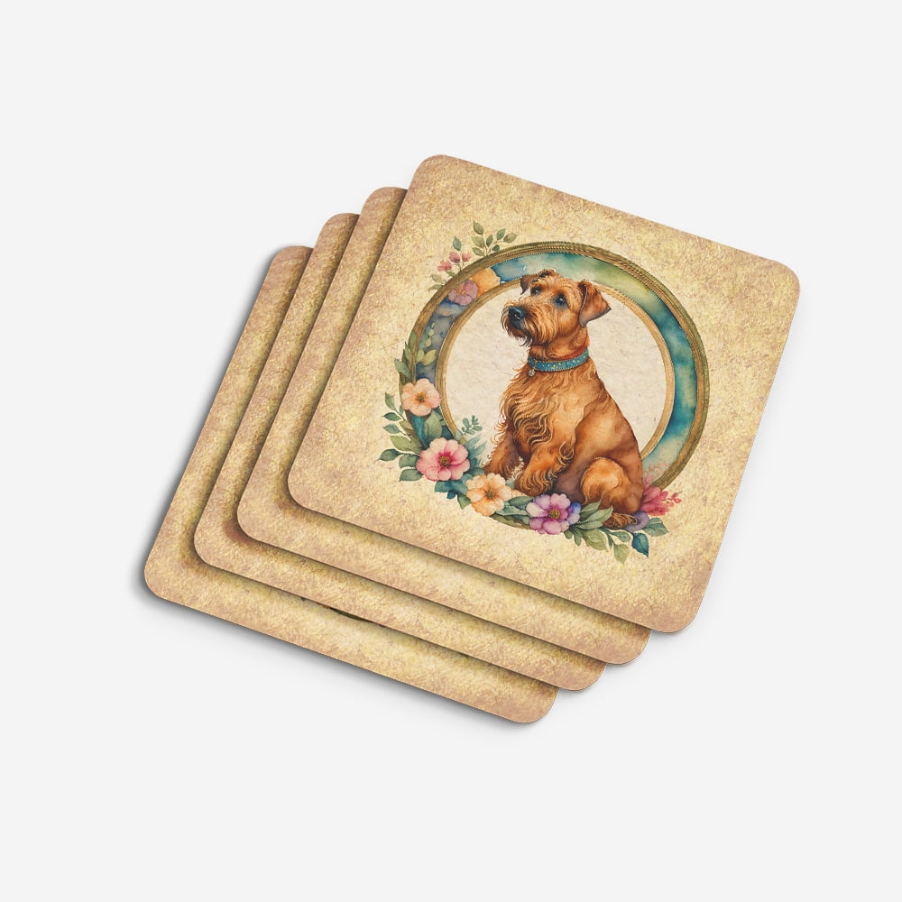 Irish Terrier and Flowers Foam Coaster Set of 4 3.5 in x 3.5 in