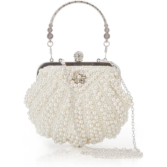 Women's Pearl Clutch Purse - Bucket Beaded Bridal Evening Bag with Inner Bag for Party Wedding