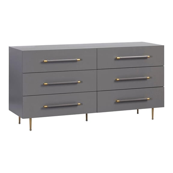 Pemberly Row 32"H 6-Drawer Modern Wood/Iron Dresser in Gray/Gold