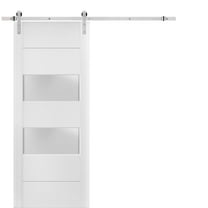 Sturdy Barn Door 24 x 96 inches Frosted Glass 2 lites | Lucia 4010 White Silk | Stainless Steel 6.6FT Rail Hangers Heavy Set | Solid Panel Interior Doors