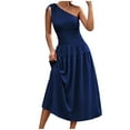 thumbnail image 5 of Wycnly Summer Dresses for Women Casual Solid Empire Waist Pleated Swing One Shoulder Dresses 2025 Sleeveless Slash Neck Plain Long Formal Dress Dark Blue m, 5 of 7