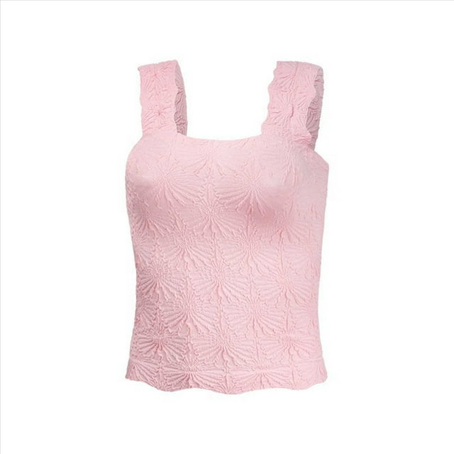 Tops Cortos de Tirantes Anchos con Cuello Cuadrado para Mujer, Tops Florales para Salir, Tops Cortos Ajustados con Ribete de Lechuga, Rosa L