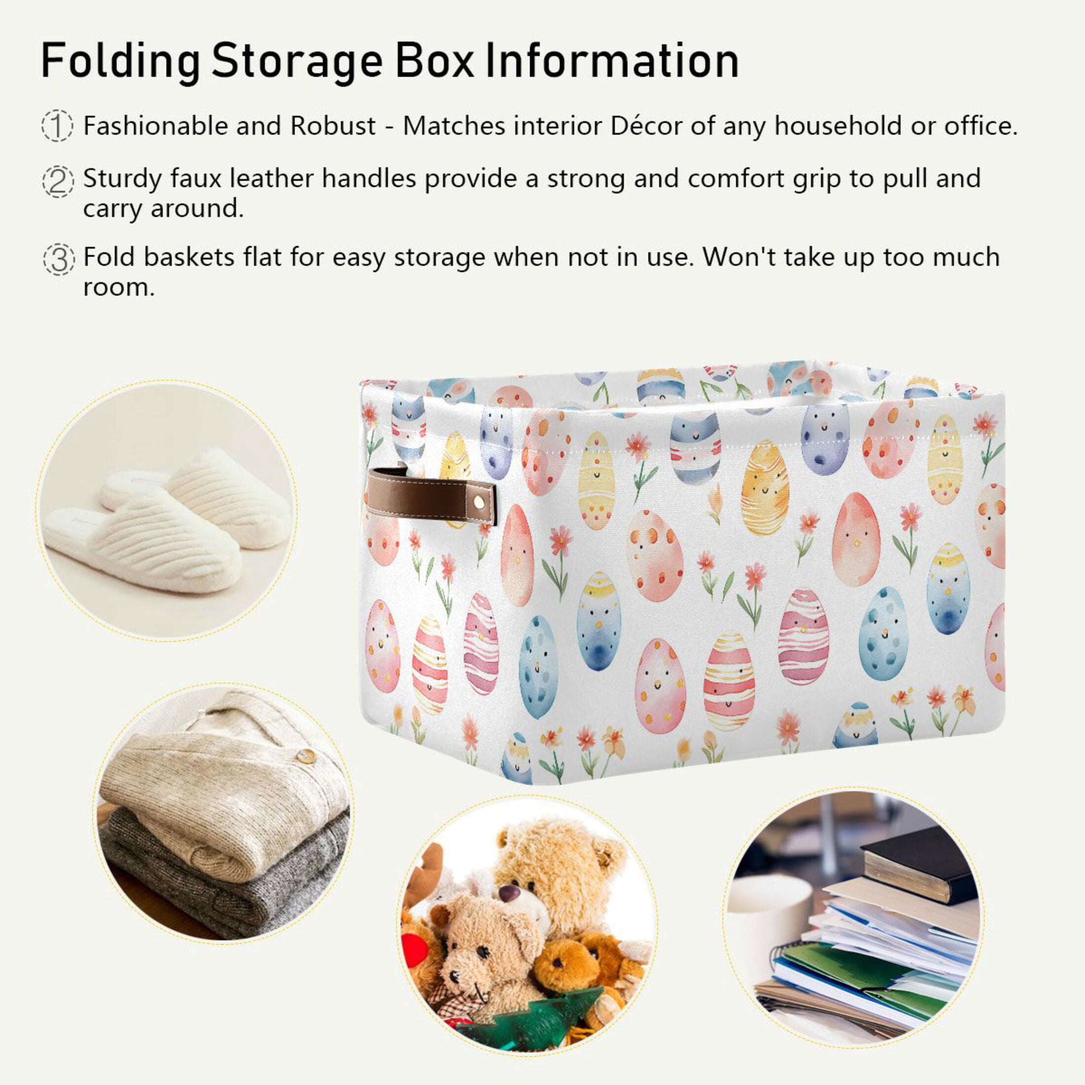Easter Egg and Flower Storage Bins with Handle Fabric Organizer Basket Foldable Box 2 Pack 14.2x10.2x8.3