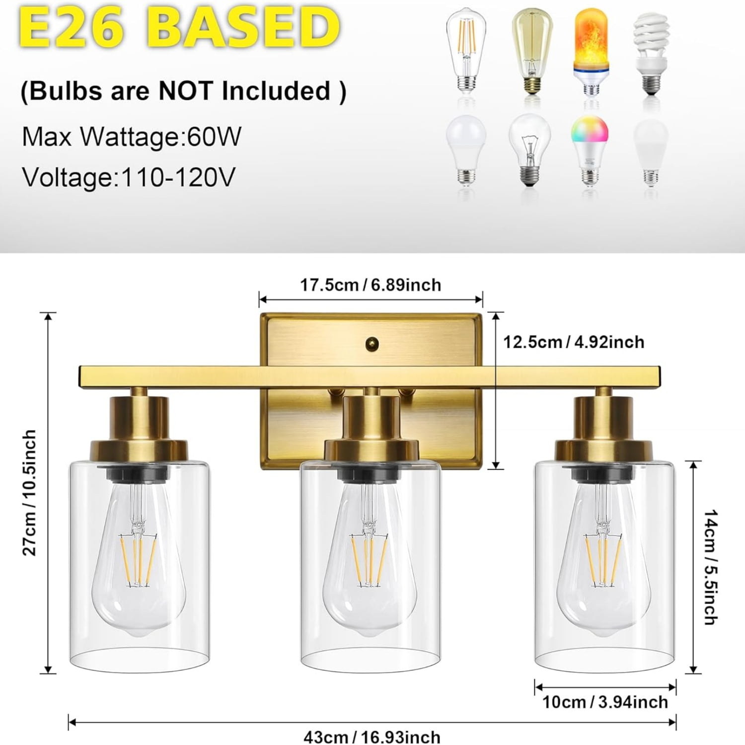 Bathroom Vanity Light Fixtures, 3 Light Wall Sconces Lighting with Clear Glass Shade, Gold Wall Lights for Mirror, Kitchen, Living Room, Gallery, E26 Base (Bulbs Not Included)
