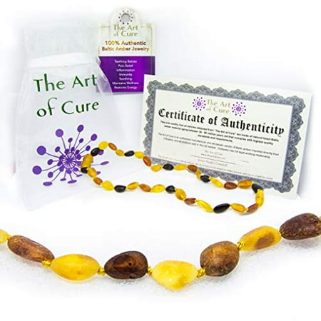 Cognac Baltic Amber Necklace - The Art of Cure Original Baltic Amber Necklace- Polished Handmade (Raw Multicolored Bean) for boy or girl ? 12 - 12.5 Inches size