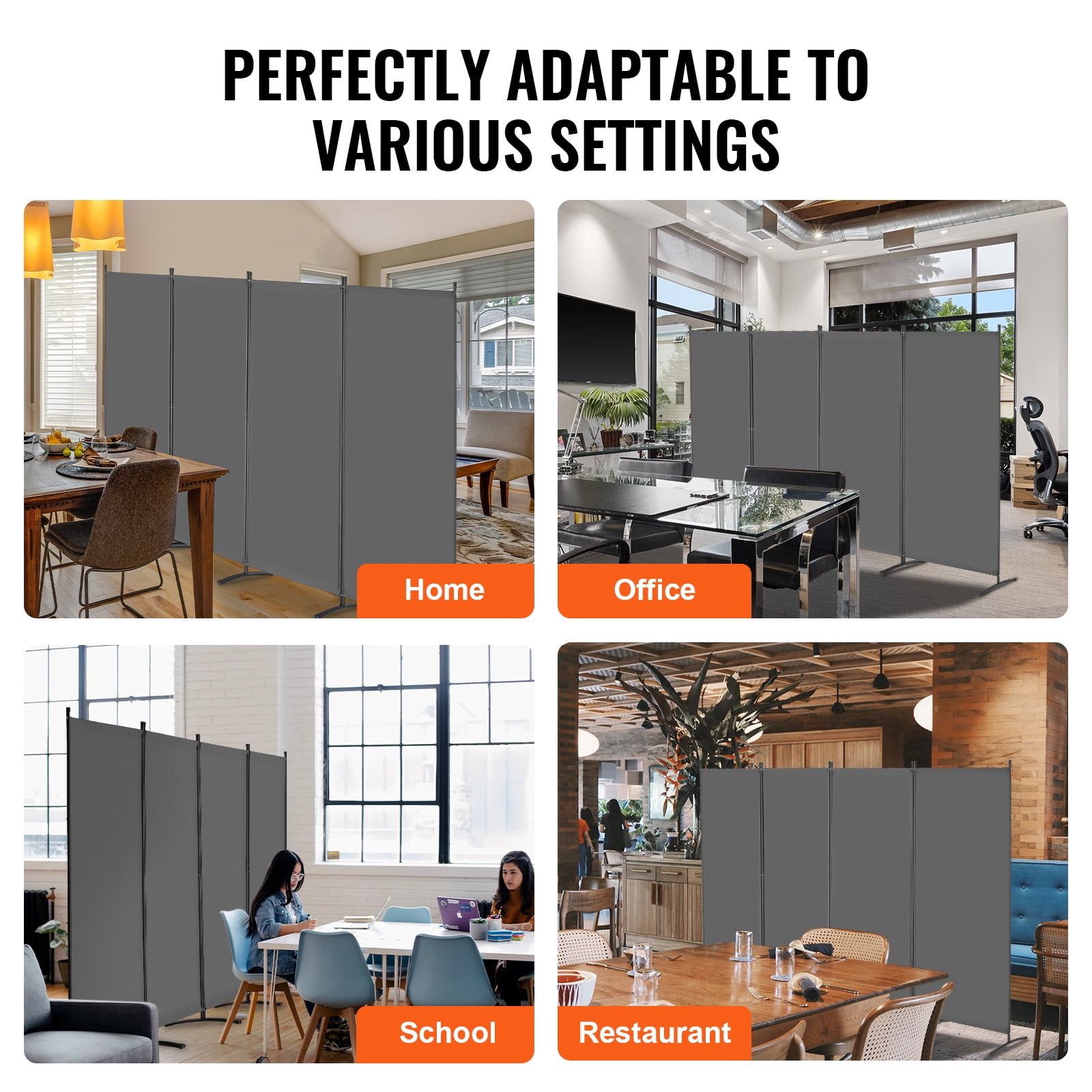 VEVOR Room Divider, 4 Panels Room Divider, Folding Privacy Screen and Portable Partition Divider for Room Separation, Freestanding Room Partitions for Office, Bedroom, Study, Grey