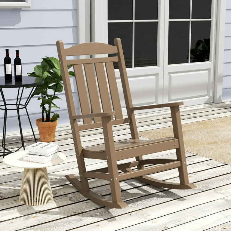 WestinTrends Malibu Outdoor Rocking Chair, All Weather Poly Lumber  Adirondack Rocker Chair with High Back, 350 Lbs Support Patio Rocking Chair  for Porch Deck Garden Lawn, Weathered Wood 