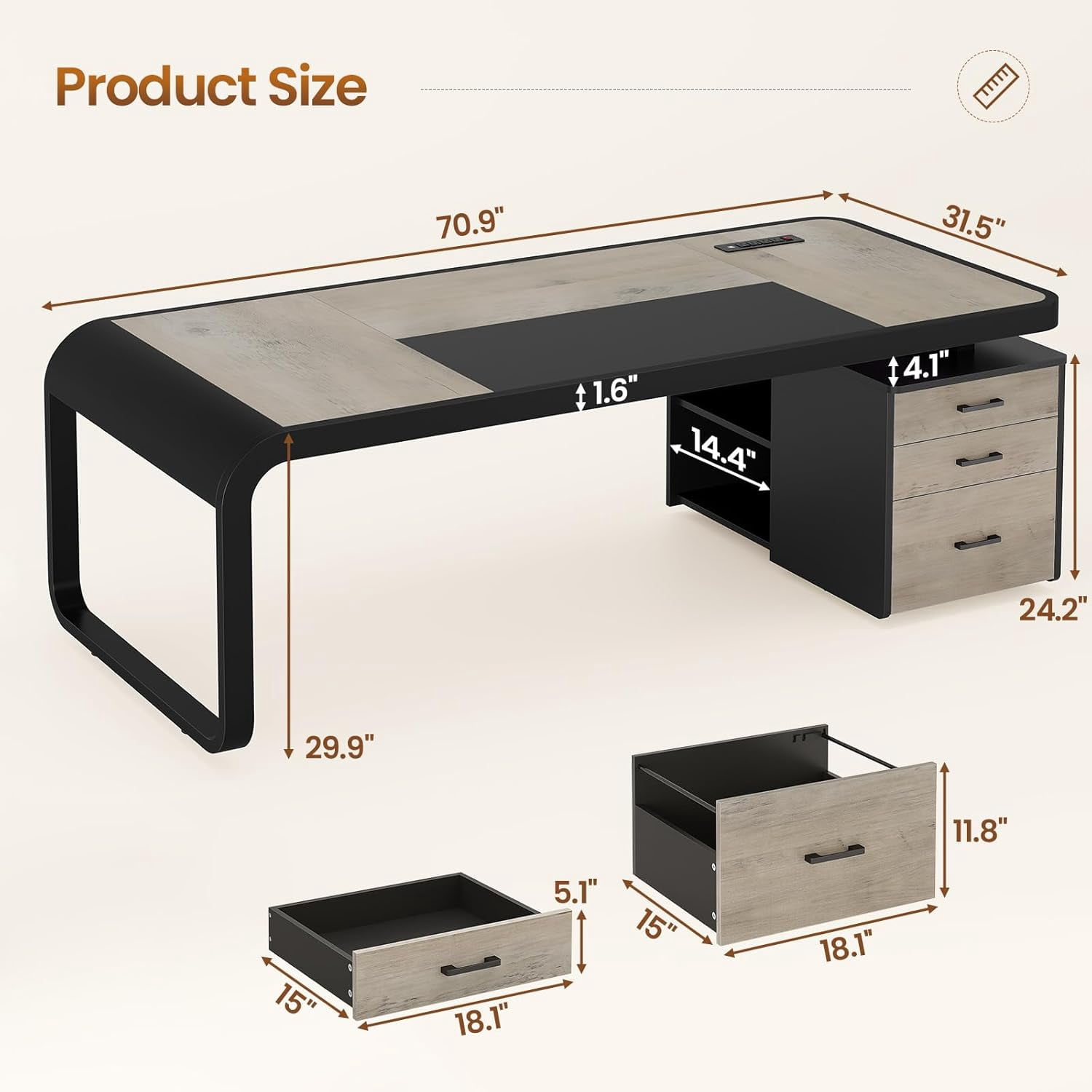 70.9" Executive Desk with Drawers and Power Outlets, Modern Office Desk with Shelf and Large Desktop, Computer Desk Study Table with Storage, Grey